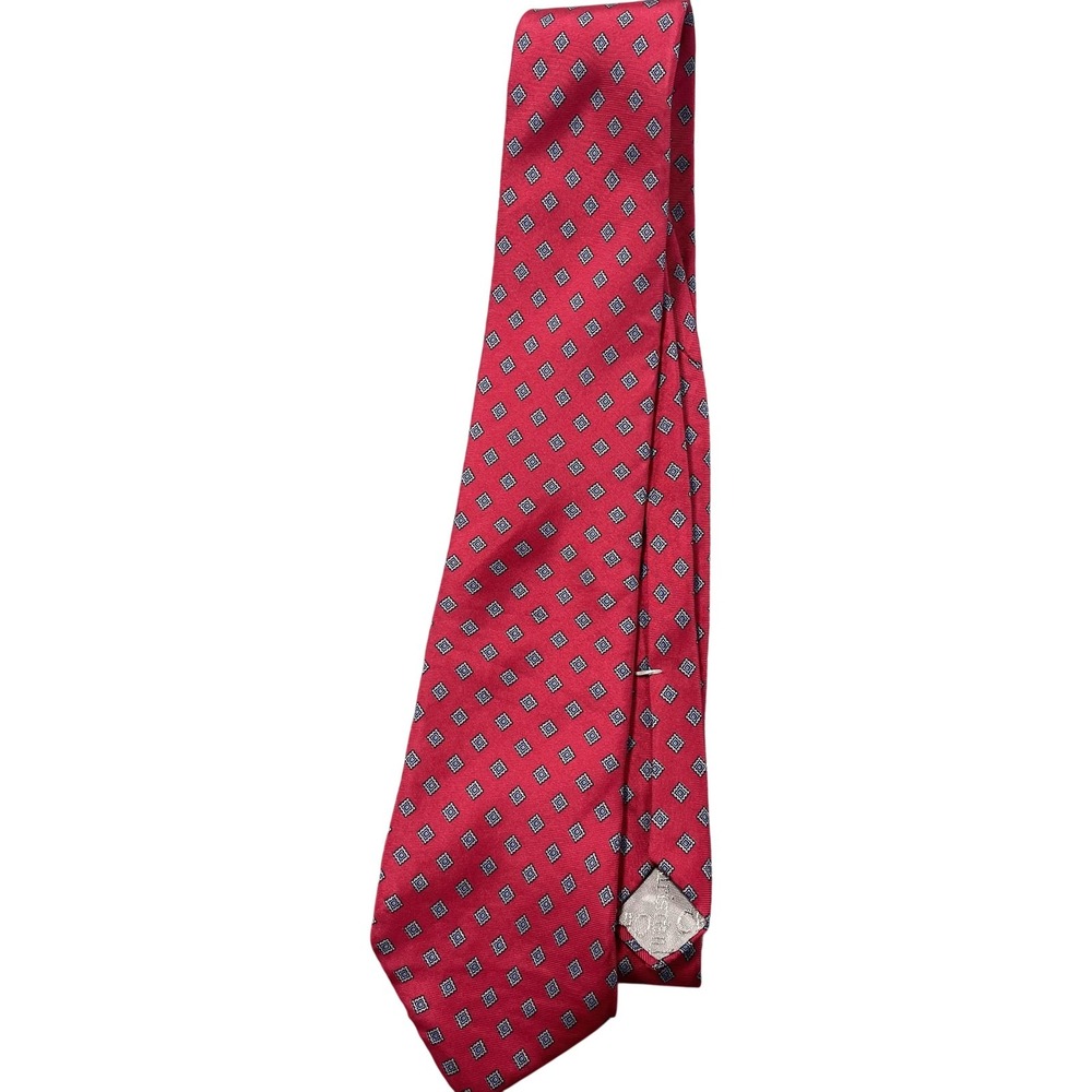 Christian Dior Tie Mens One Size Red Geometric Classic Woven Silk Necktie USA